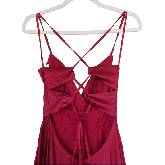 La Femme Wine Red Satin Strappy Back Side Slit Satin Gown Formal Prom Dress - Picture 6 of 9